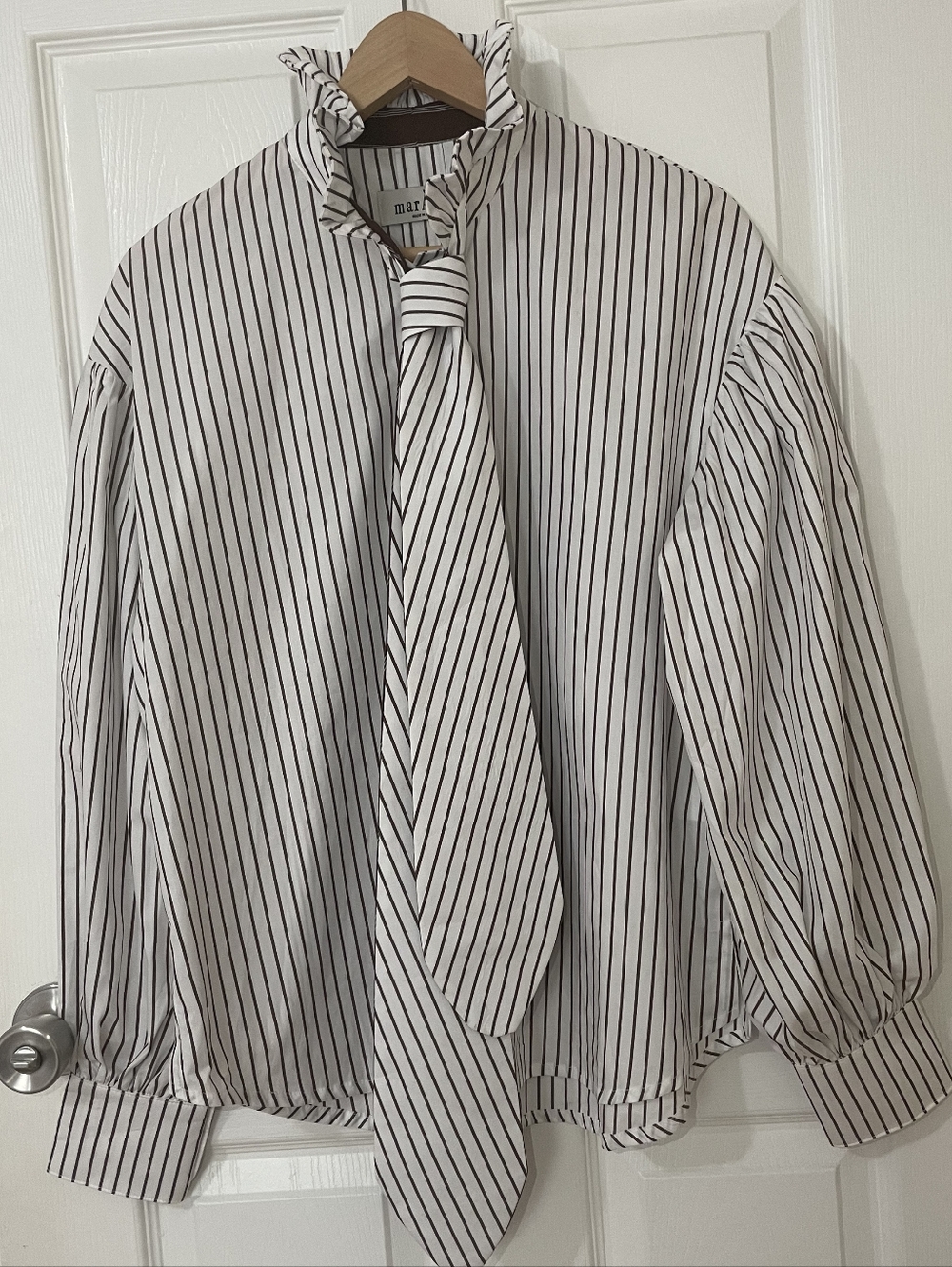 MarÁvic White blouse with stripes, knotted collar buttons and with tie, size S - Picture 1 of 8